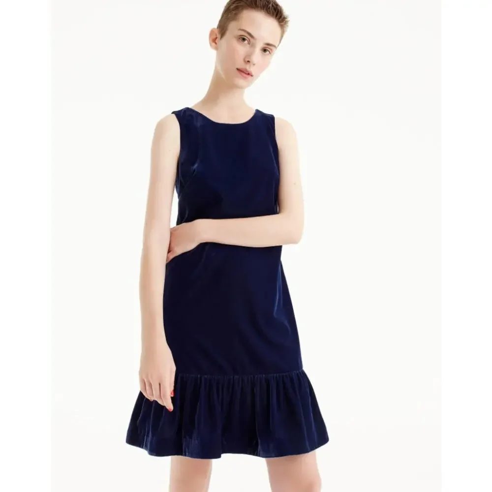 J. Crew Velvet Ruffle‎ Hem Dress Midnight Ink Blue Flounce Hem Cocktail Size 2